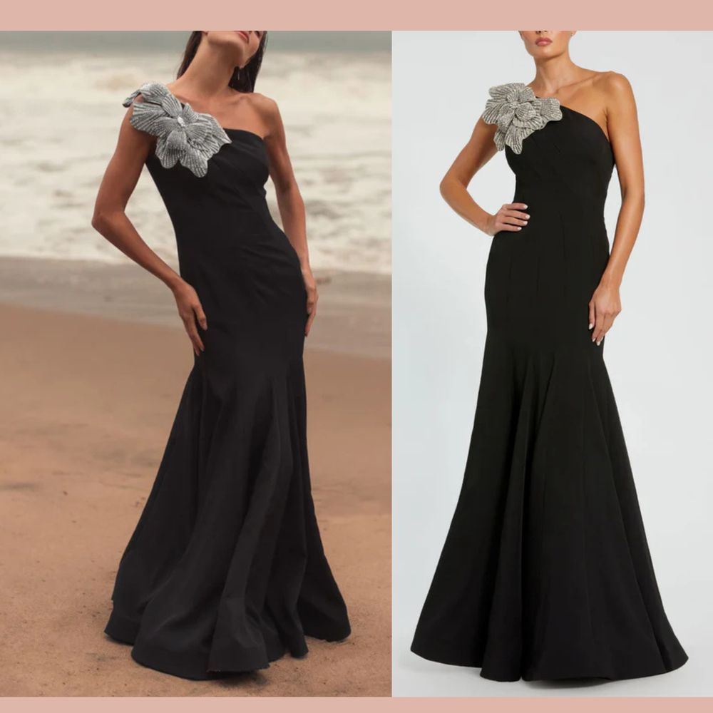 Nwt Mac Duggal [ 14 ] 11810 Crepe One Shoulder Gown With Flower Black Silver